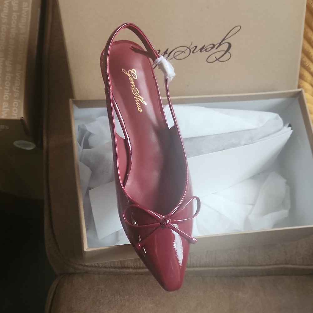 Genshuo Burgundy Patent Flats with Bow